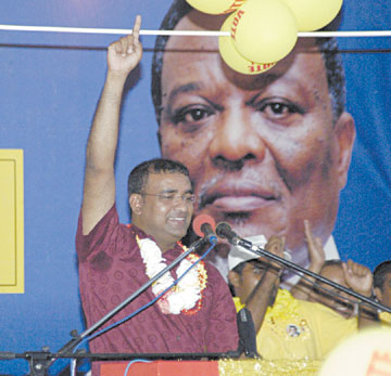 UPBEAT: PPP/C presidential candidate Bharrat Jagdeo at yesterday’s mass rally at Stewartville. (Quacy Sampson photo)